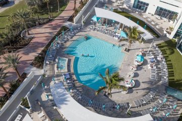 A view of the swimming pool area from atop the building